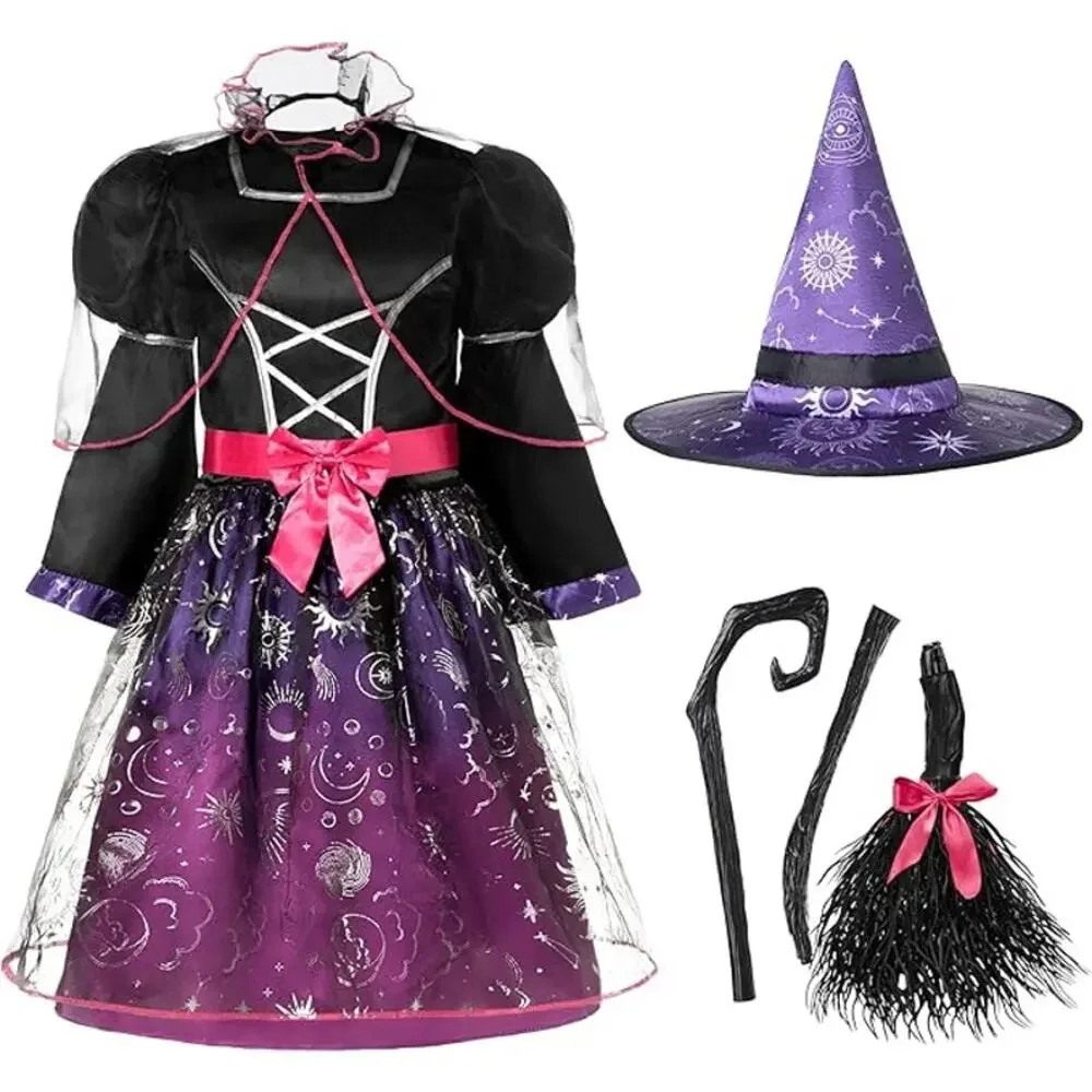 Witch  Wizard Halloween Costume Kit for Kids  Dress with Broom Cape Belt Hat